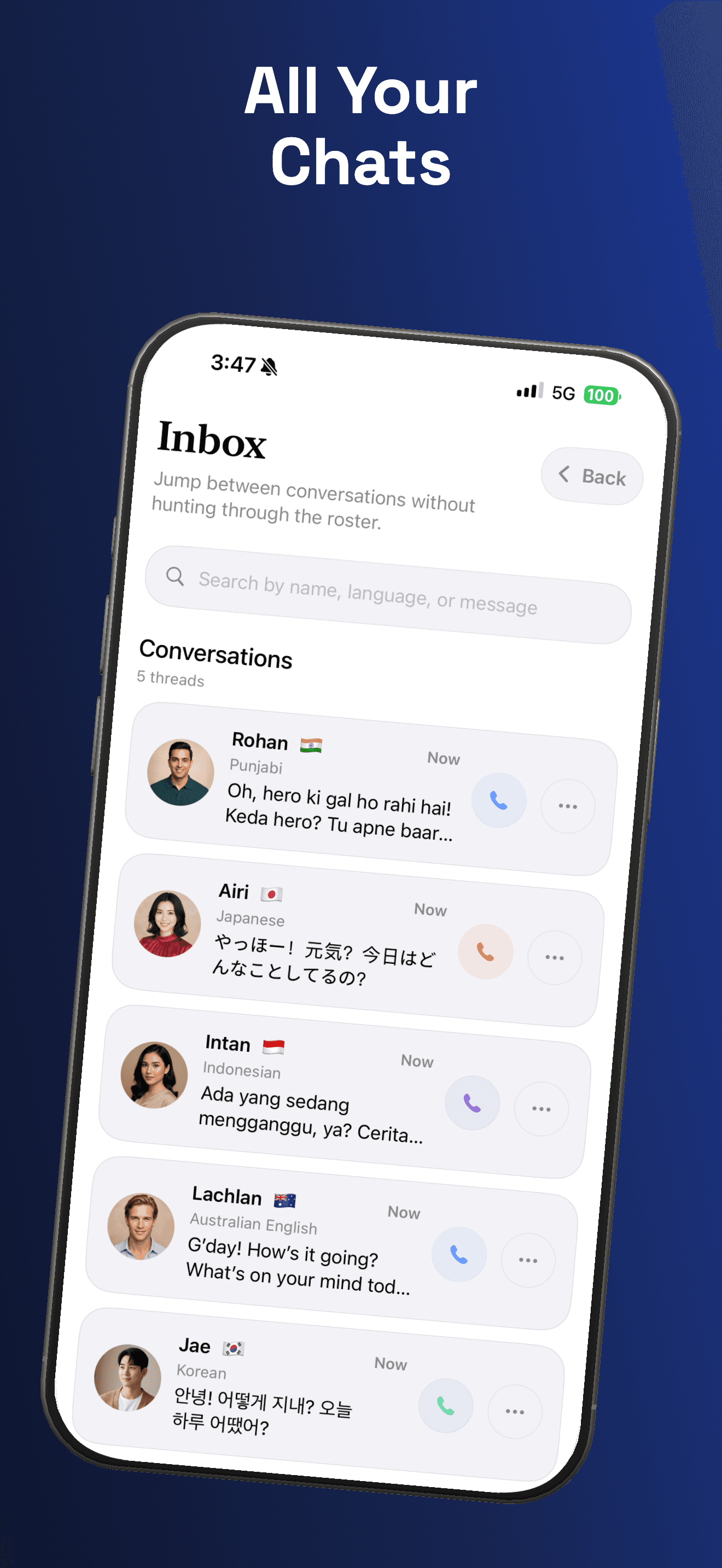 ai.boo App Store screenshot showing multiple ongoing chat conversations.