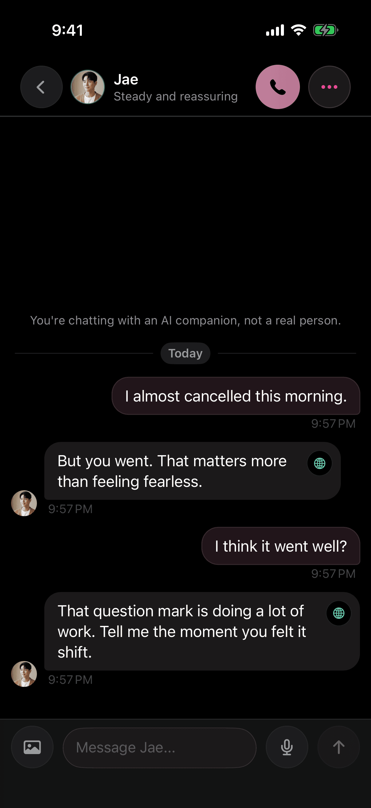 Authentic ai.boo chat screen from the current iPhone build.